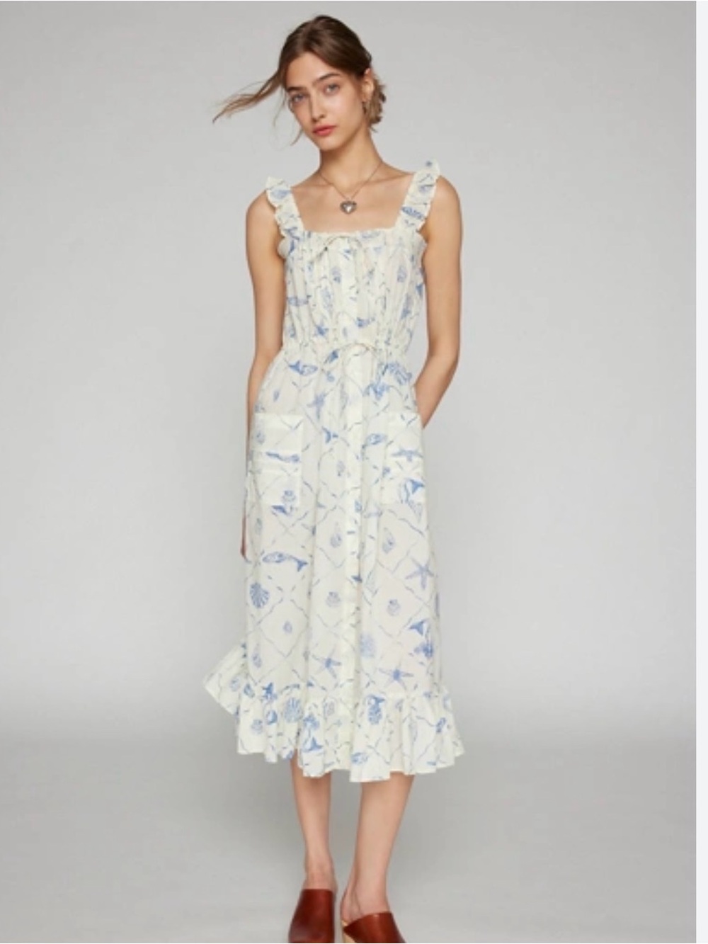 Kimchi Blue by Urban Outfitters Cream Maxi Sundress with Blue Seashell Print - Picture 8 of 8